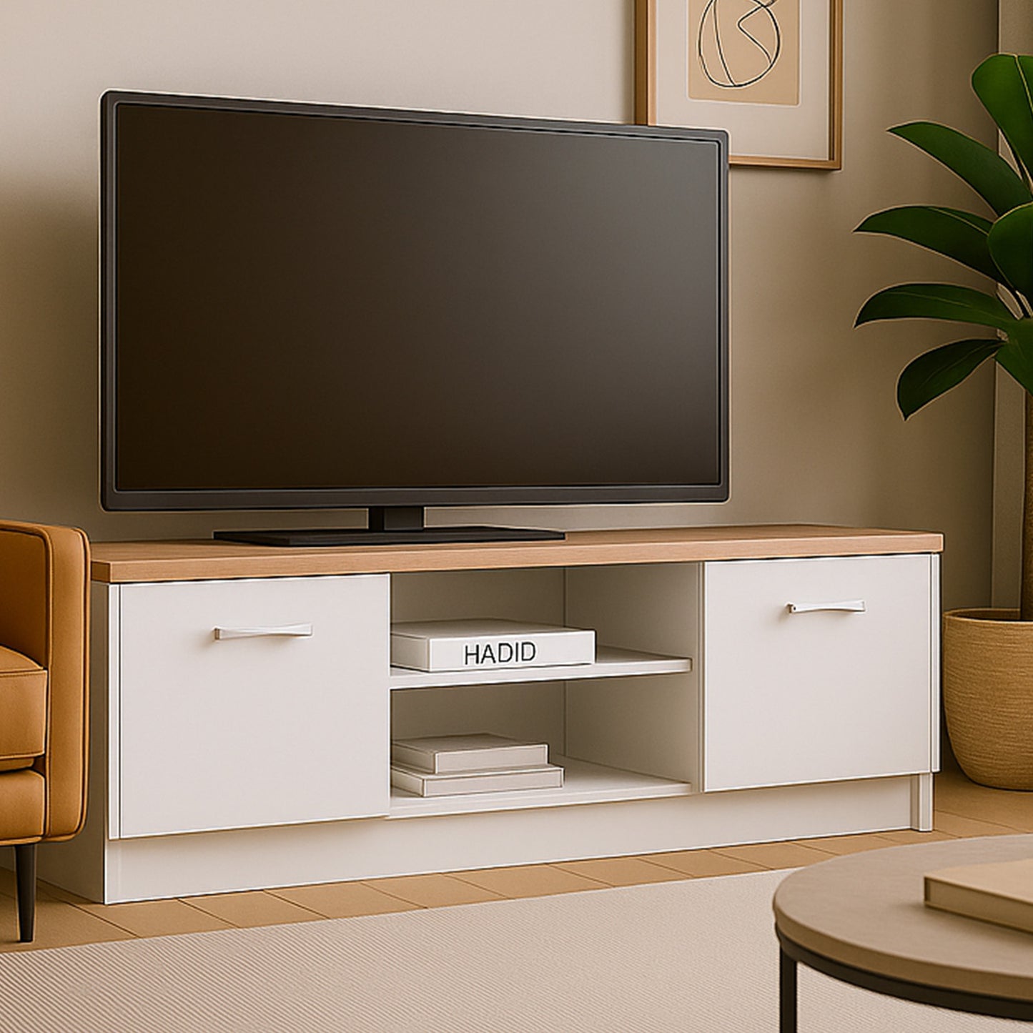 Top Mix Contemporary Compact TV Unit with Storage - White / Sonoma Oak