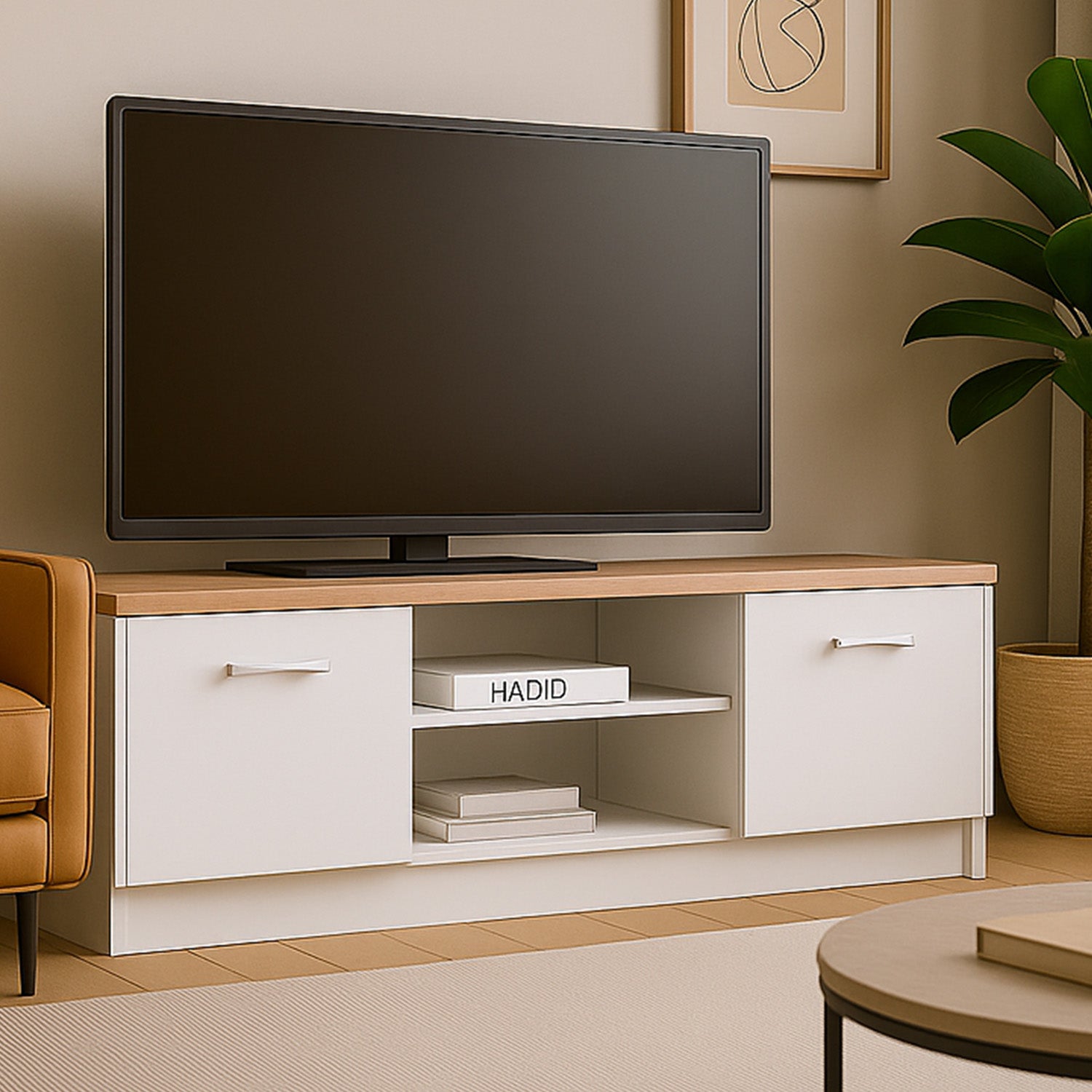 Top Mix Contemporary Compact TV Unit with Storage - White / Sonoma Oak