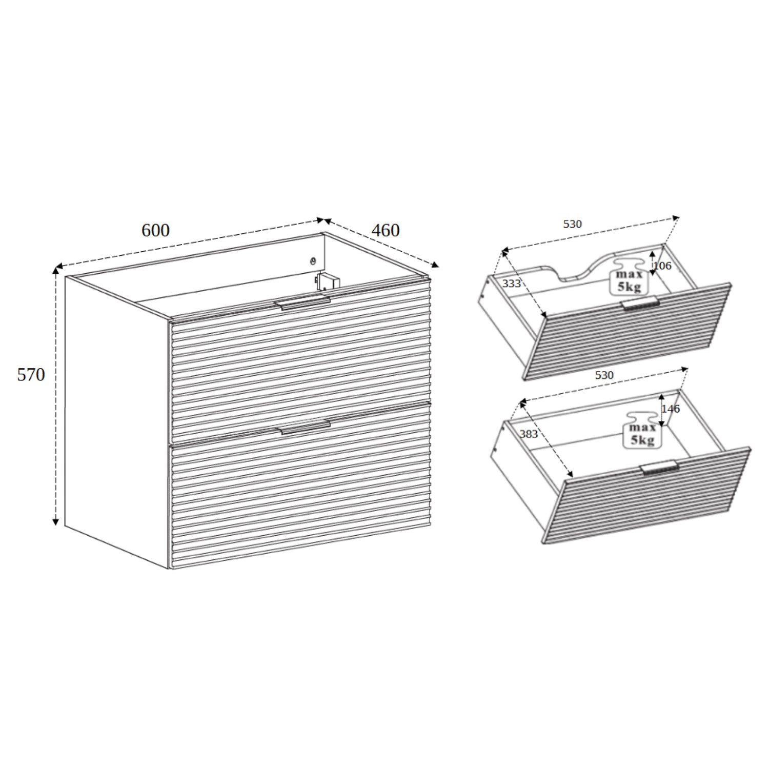 Loft Modern Style Ribbed Door 60cm Bathroom Cabinet Vanity Unit with Worktop - Gold Craft Oak