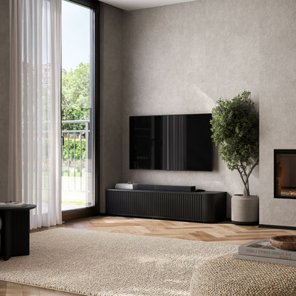 Aurora Rounded Corner Flutted TV Unit 140cm Glamour Style with Floor Pads - Black