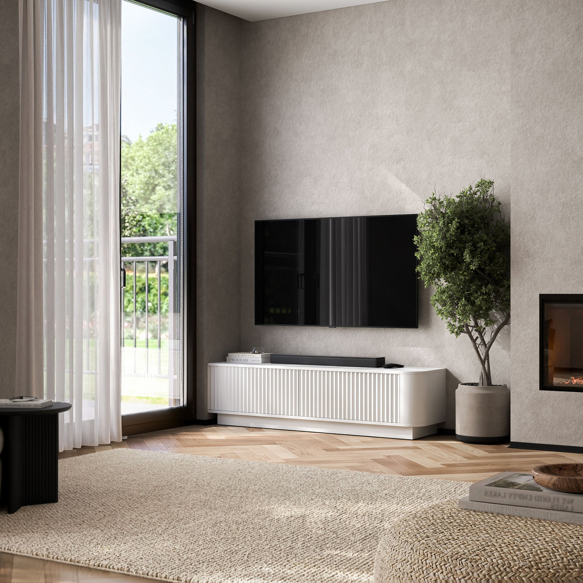 Aurora Rounded Corner Flutted TV Unit 140cm Glamour Style with Plinth Stand - White