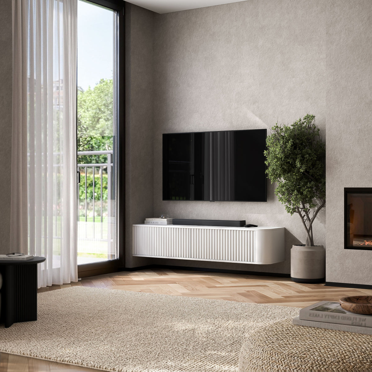 Aurora Rounded Corner Wall Mounted Flutted TV Unit 140cm Glamour Style - White