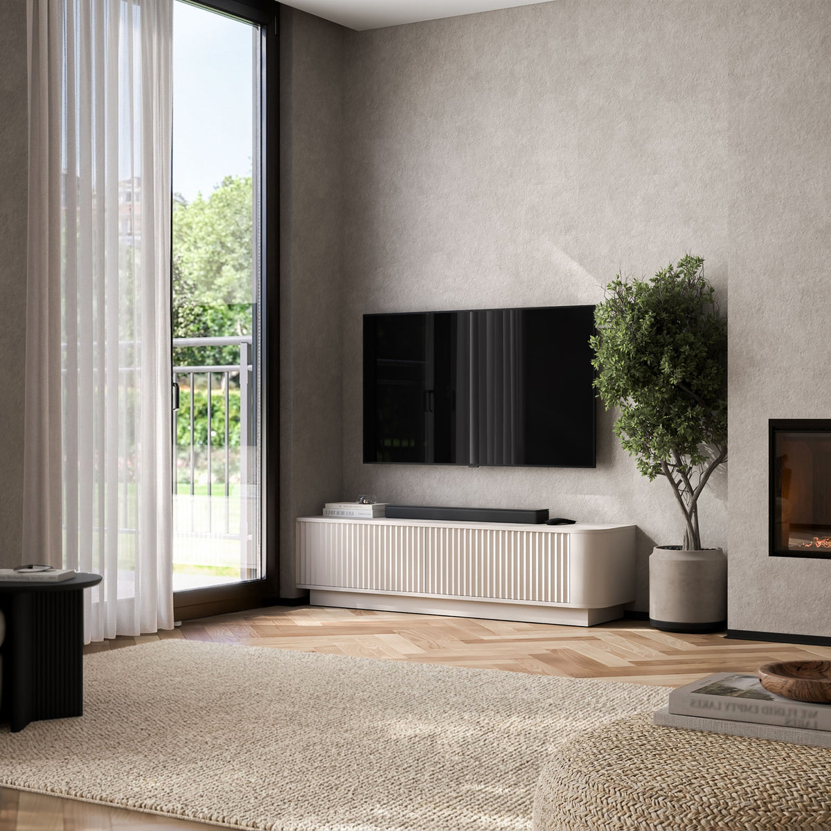Aurora Rounded Corner Flutted TV Unit 140cm Glamour Style with Plinth Stand - Cashmere