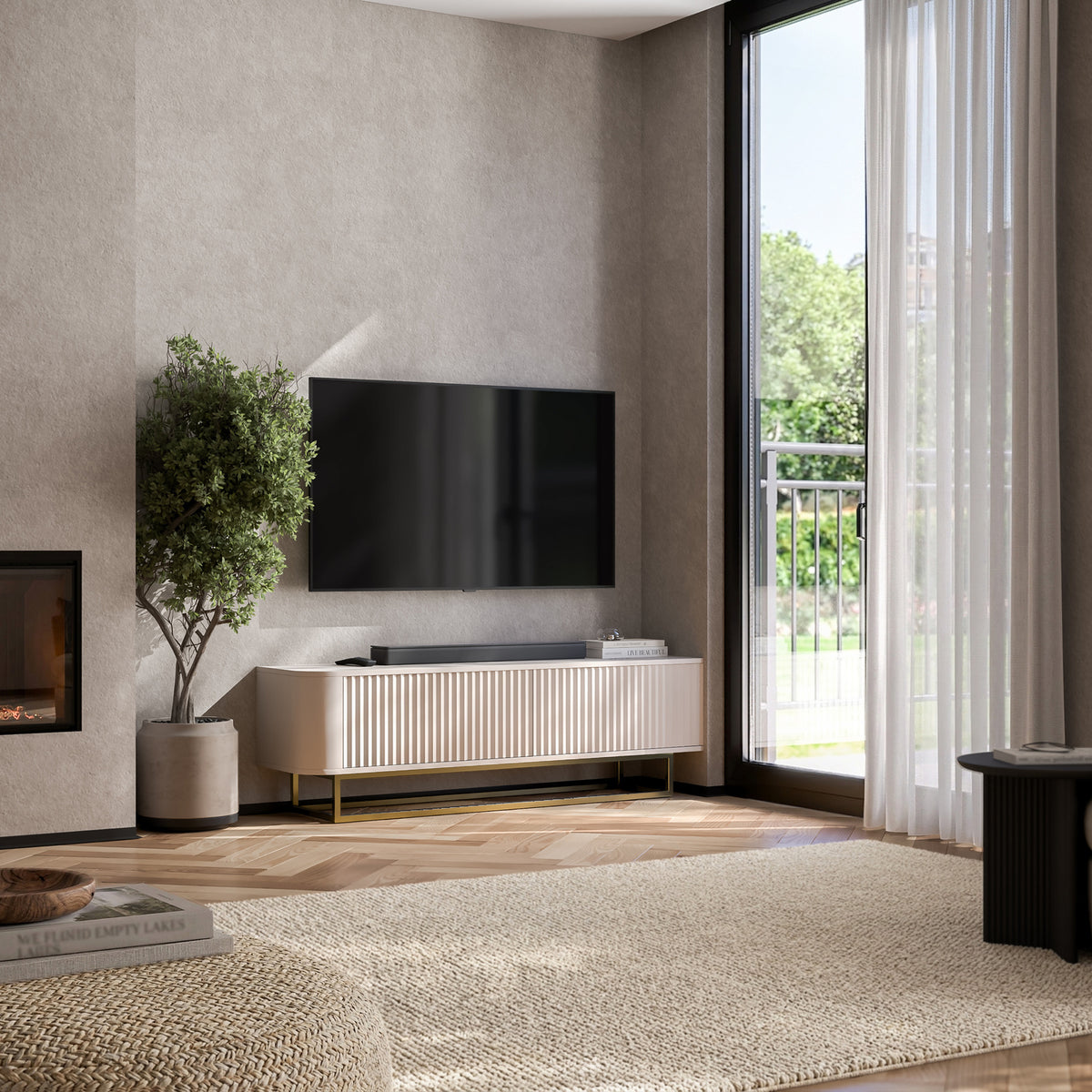 Aurora Rounded Corner Fluted TV Unit 140cm Glamour Style with Frame Stand - Cashmere / Gold