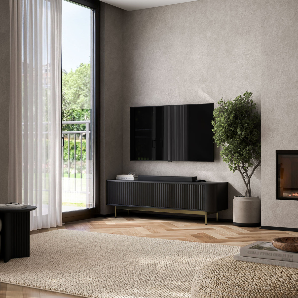 Aurora Rounded Corner Flutted TV Unit 140cm Glamour Style with Frame Legs - Black / Gold