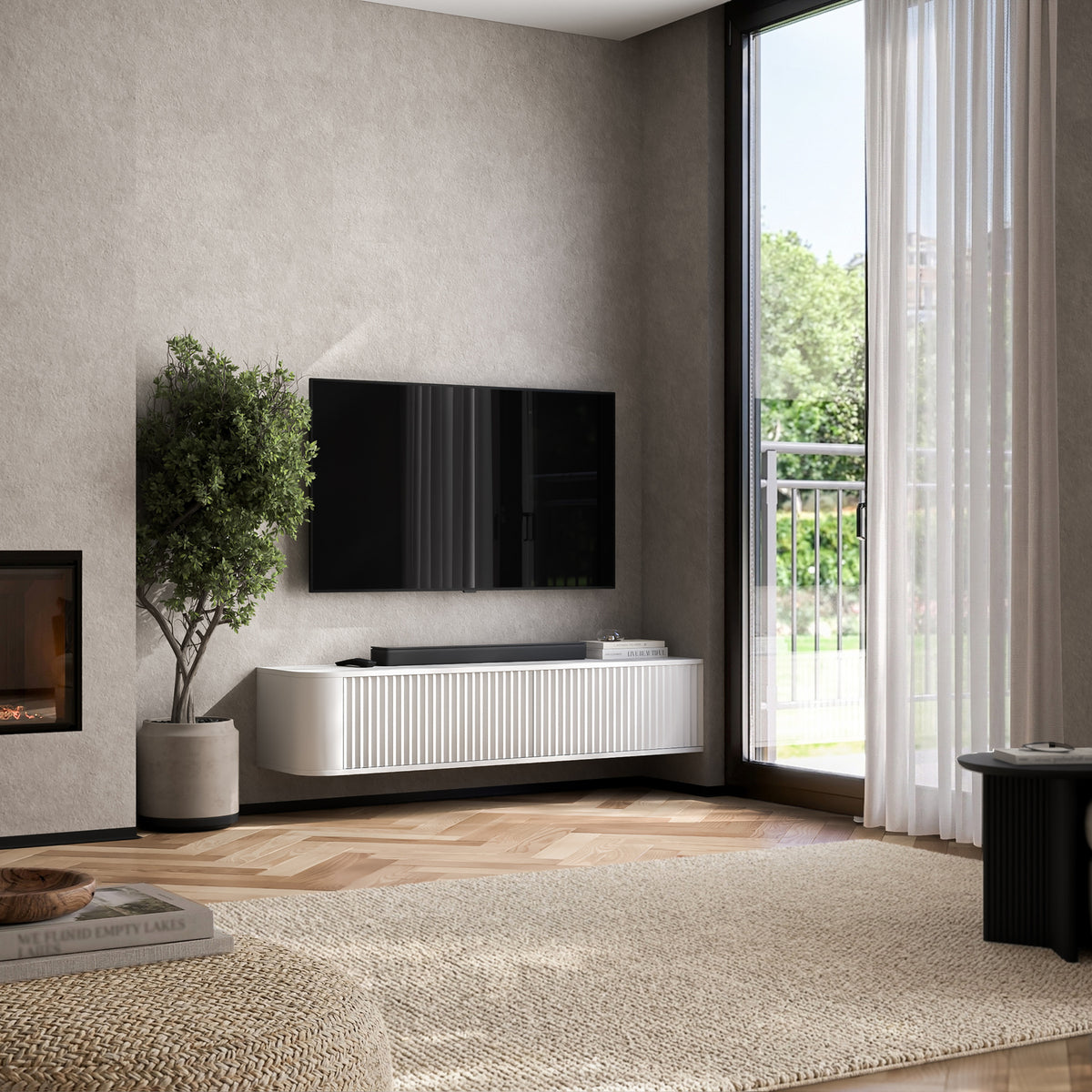 Aurora Rounded Corner Wall Mounted Flutted TV Unit 140cm Glamour Style - White