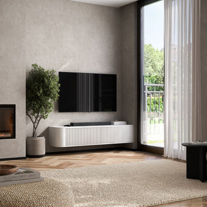 Aurora Rounded Corner Wall Mounted Flutted TV Unit 140cm Glamour Style - White