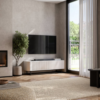 Aurora Rounded Corner Fluted TV Unit 140cm Glamour Style with Frame Stand - White / Black