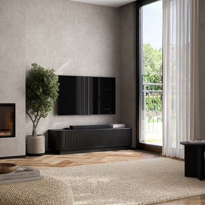 Aurora Rounded Corner Flutted TV Unit 140cm Glamour Style with Plinth Stand - Black