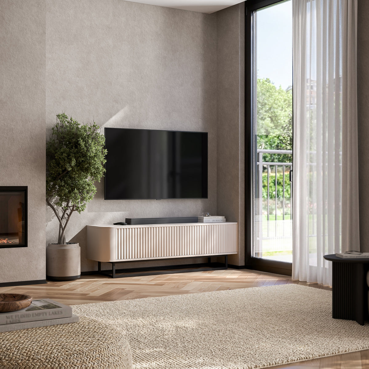 Aurora Rounded Corner Fluted TV Unit 140cm Glamour Style with Frame Stand - Cashmere / Black
