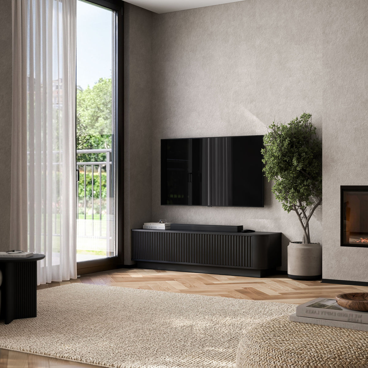 Aurora Rounded Corner Flutted TV Unit 140cm Glamour Style with Plinth Stand - Black