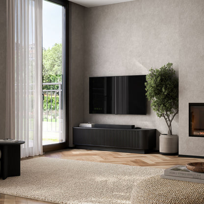 Aurora Rounded Corner Flutted TV Unit 140cm Glamour Style with Plinth Stand - Black