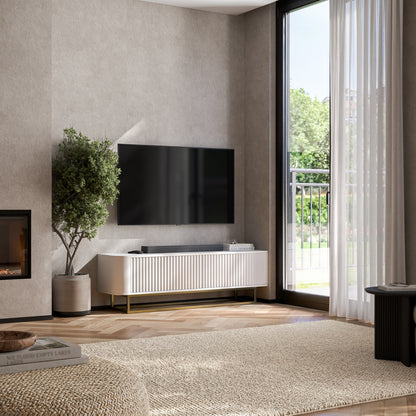 Aurora Rounded Corner Fluted TV Unit 140cm Glamour Style with Frame Stand - White / Gold
