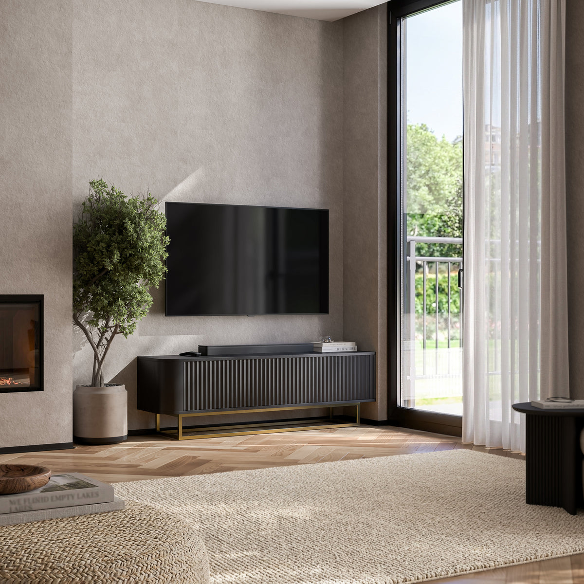 Aurora Rounded Corner Fluted TV Unit 140cm Glamour Style with Frame Stand - Black / Gold