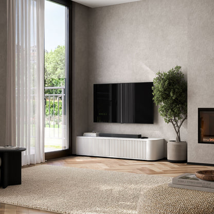 Aurora Rounded Corner Fluted TV Unit 140cm Glamour Style with Floor Pads - White