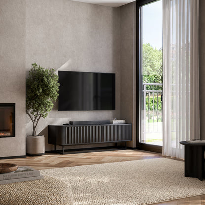 Aurora Rounded Corner Fluted TV Unit 140cm Glamour Style with Frame Stand - Black / Black