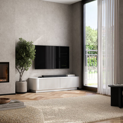 Aurora Rounded Corner Flutted TV Unit 140cm Glamour Style with Plinth Stand - White