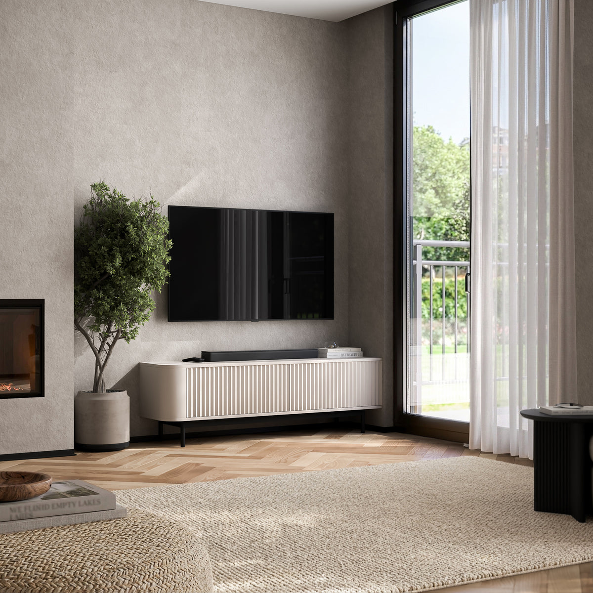 Aurora Rounded Corner Fluted TV Unit 140cm Glamour Style with Frame Legs - Cashmere / Black