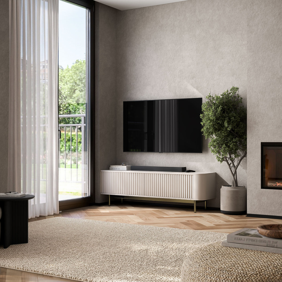 Aurora Rounded Corner Fluted TV Unit 140cm Glamour Style with Frame Legs - Cashmere / Gold