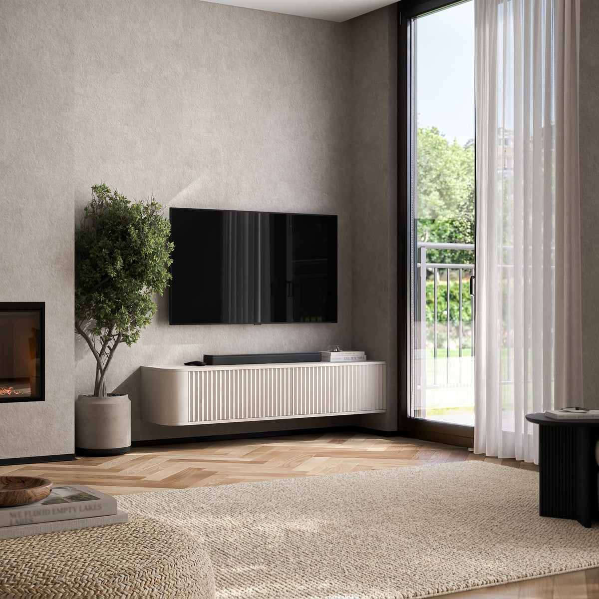 Aurora Rounded Corner Wall Mounted Flutted TV Unit 140cm Glamour Style - Cashmere