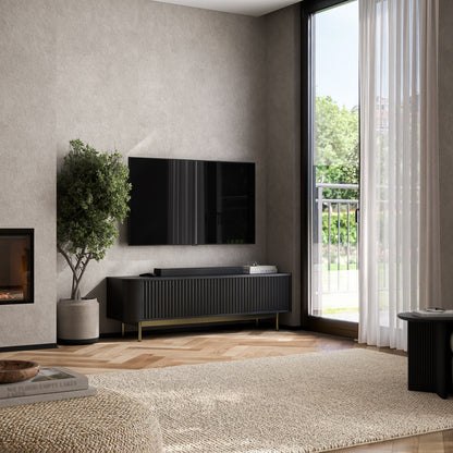Aurora Rounded Corner Flutted TV Unit 140cm Glamour Style with Frame Legs - Black / Gold