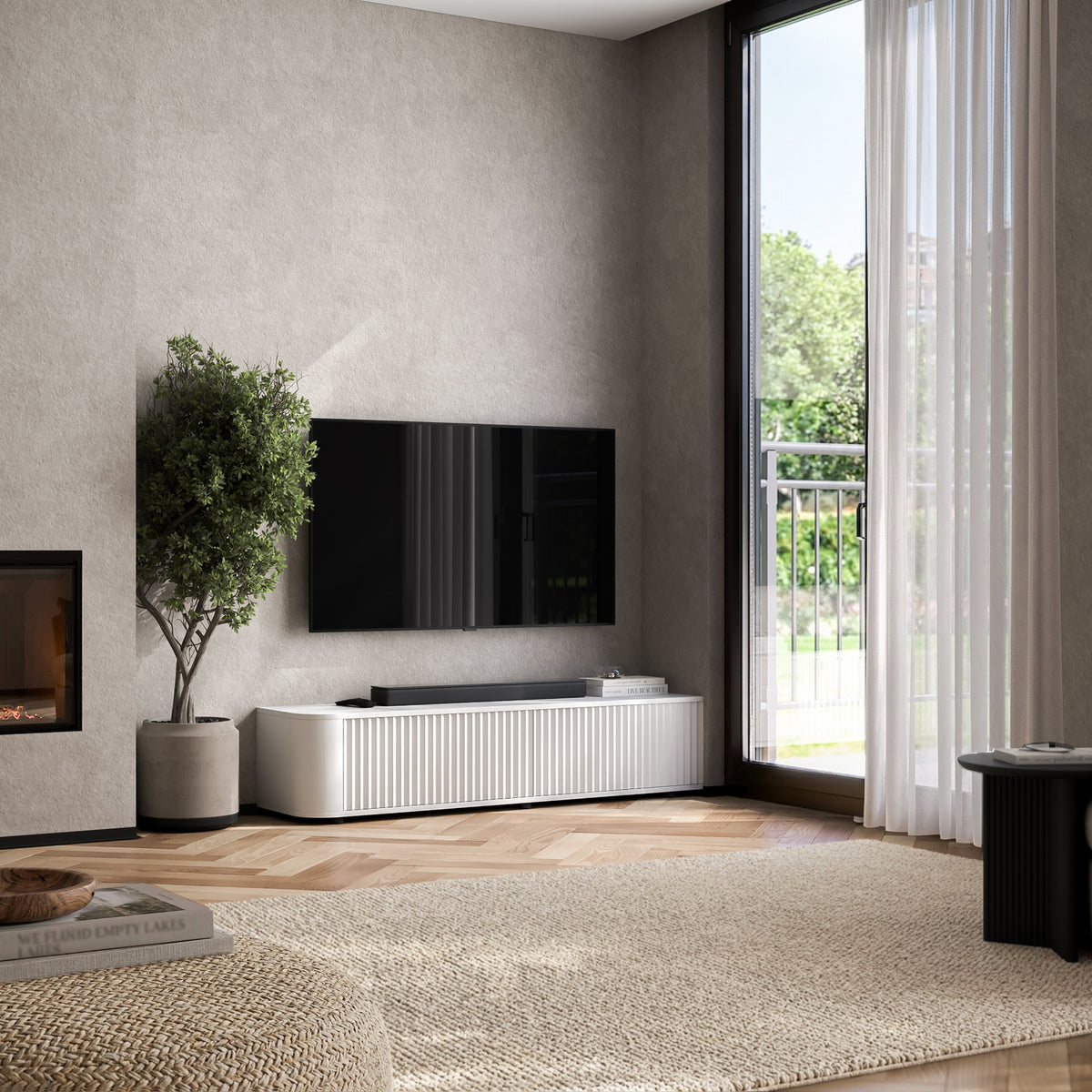 Aurora Rounded Corner Fluted TV Unit 140cm Glamour Style with Floor Pads - White