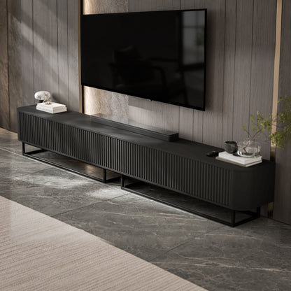 Aurora Rouded Corners Flutted TV Unit 280cm Glamour Style with Frame Stand - Black / Black Frame