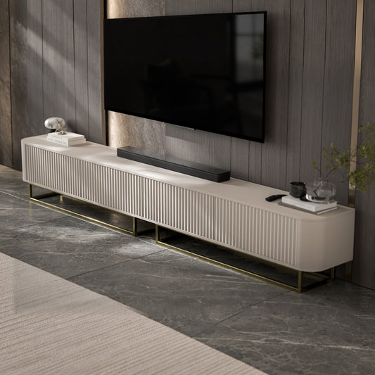 Aurora Rouded Corners Fluted TV Unit 280cm Glamour Style with Frame Stand - Cashmere / Gold Frame