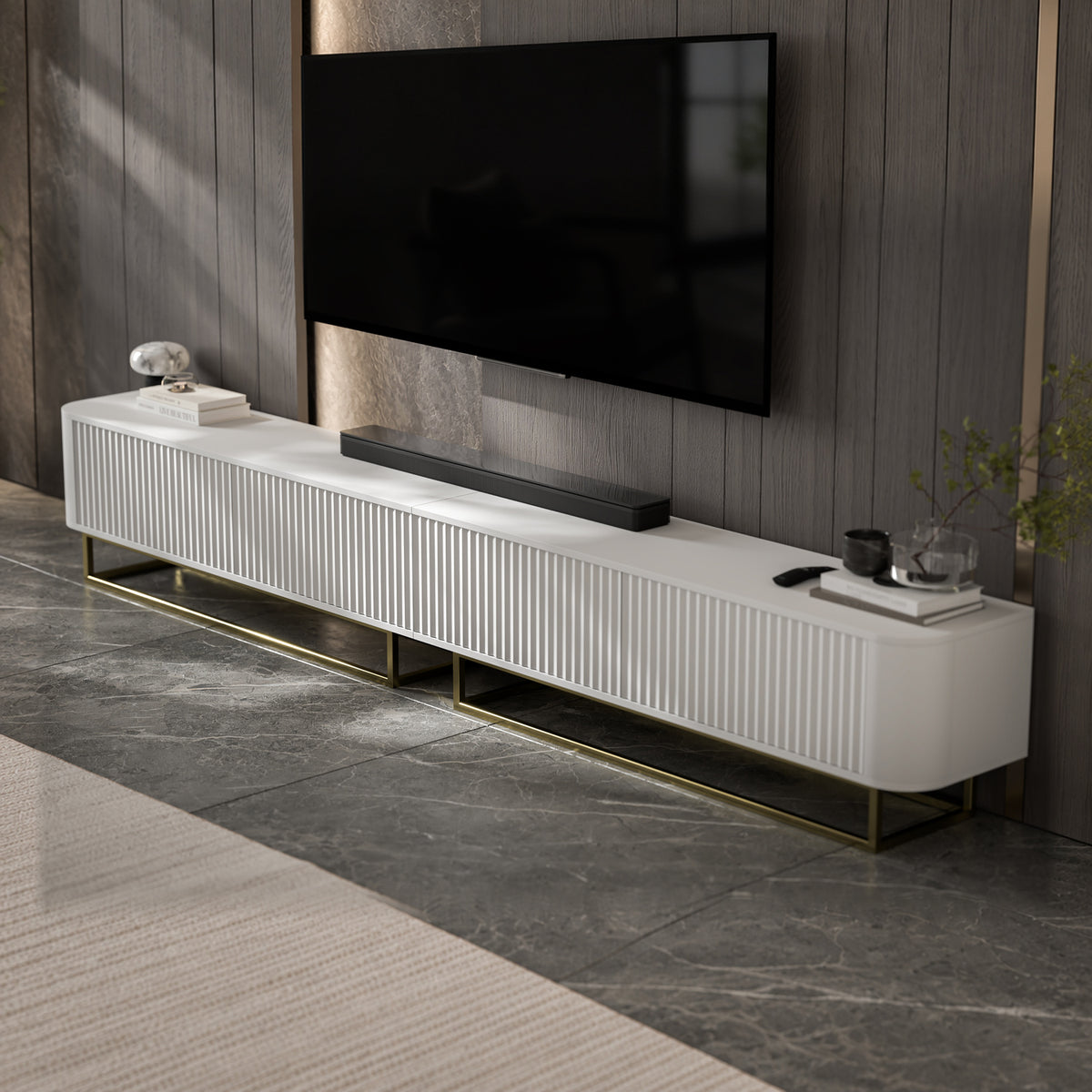 Aurora Rouded Corners Flutted TV Unit 280cm Glamour Style with Frame Stand - White / Gold Frame