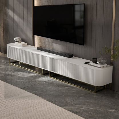 Aurora Rouded Corners Flutted TV Unit 280cm Glamour Style with Frame Stand - White / Gold Frame