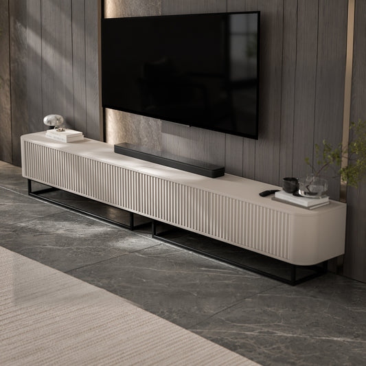 Aurora Rouded Corners Fluted TV Unit 280cm Glamour Style with Frame Stand - Cashmere / Black Frame
