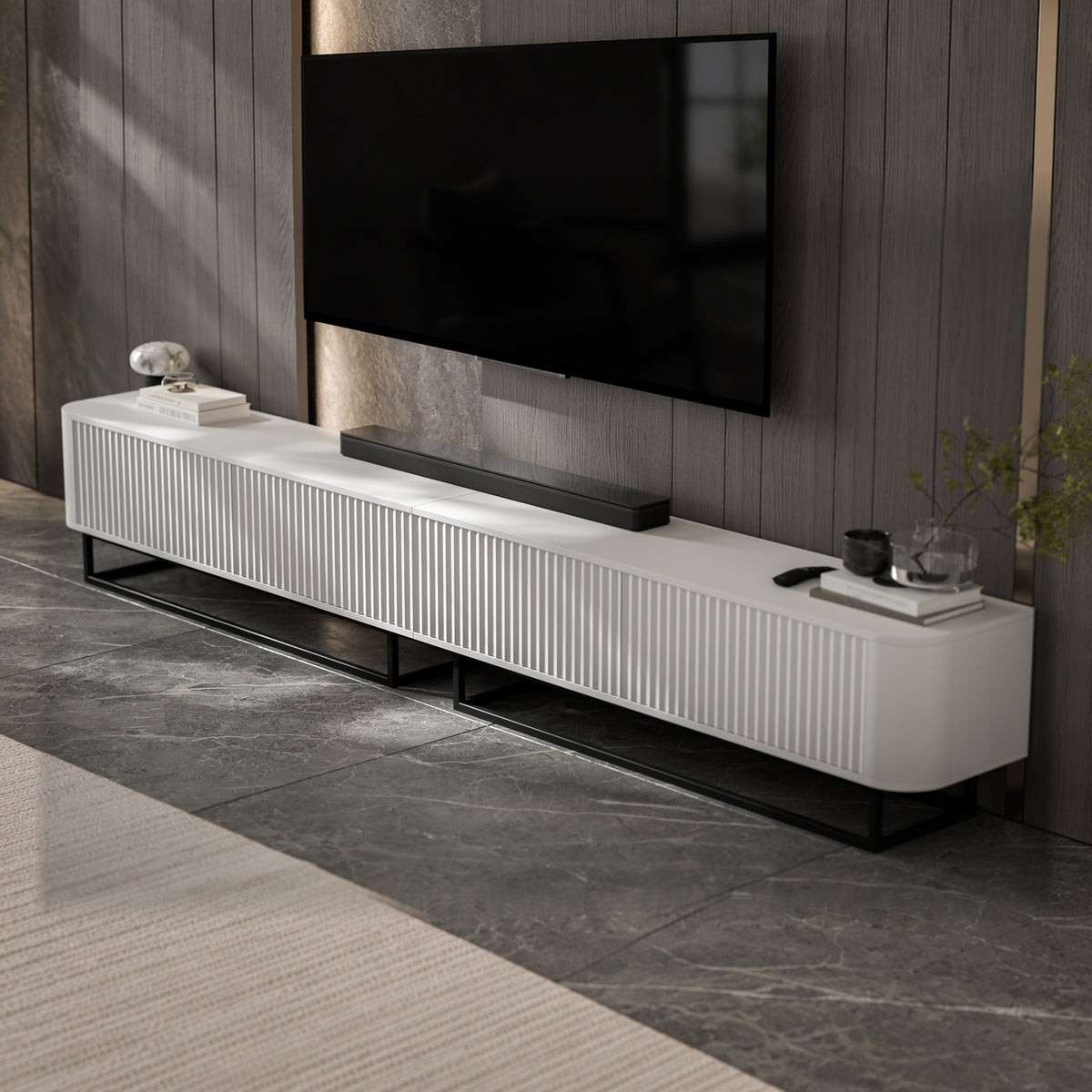 Aurora Rouded Corners Flutted TV Unit 280cm Glamour Style with Frame Stand - White / Black Frame