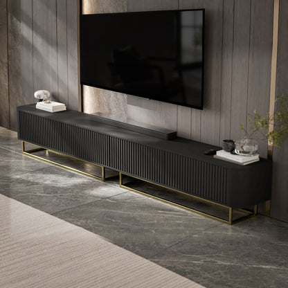 Aurora Rouded Corners Flutted TV Unit 280cm Glamour Style with Frame Stand - Black / Gold Frame