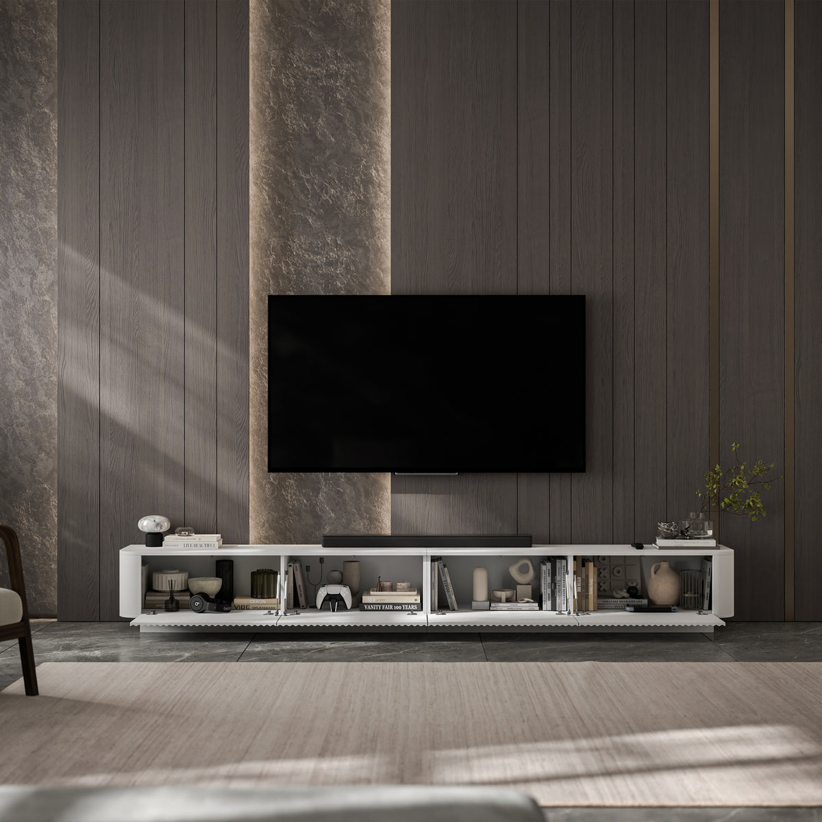 Aurora Rouded Corners Flutted TV Unit 280cm Glamour Style with Plinth Stand - White