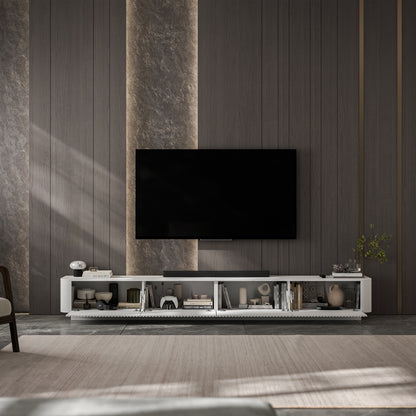 Aurora Rouded Corners Flutted TV Unit 280cm Glamour Style with Plinth Stand - White