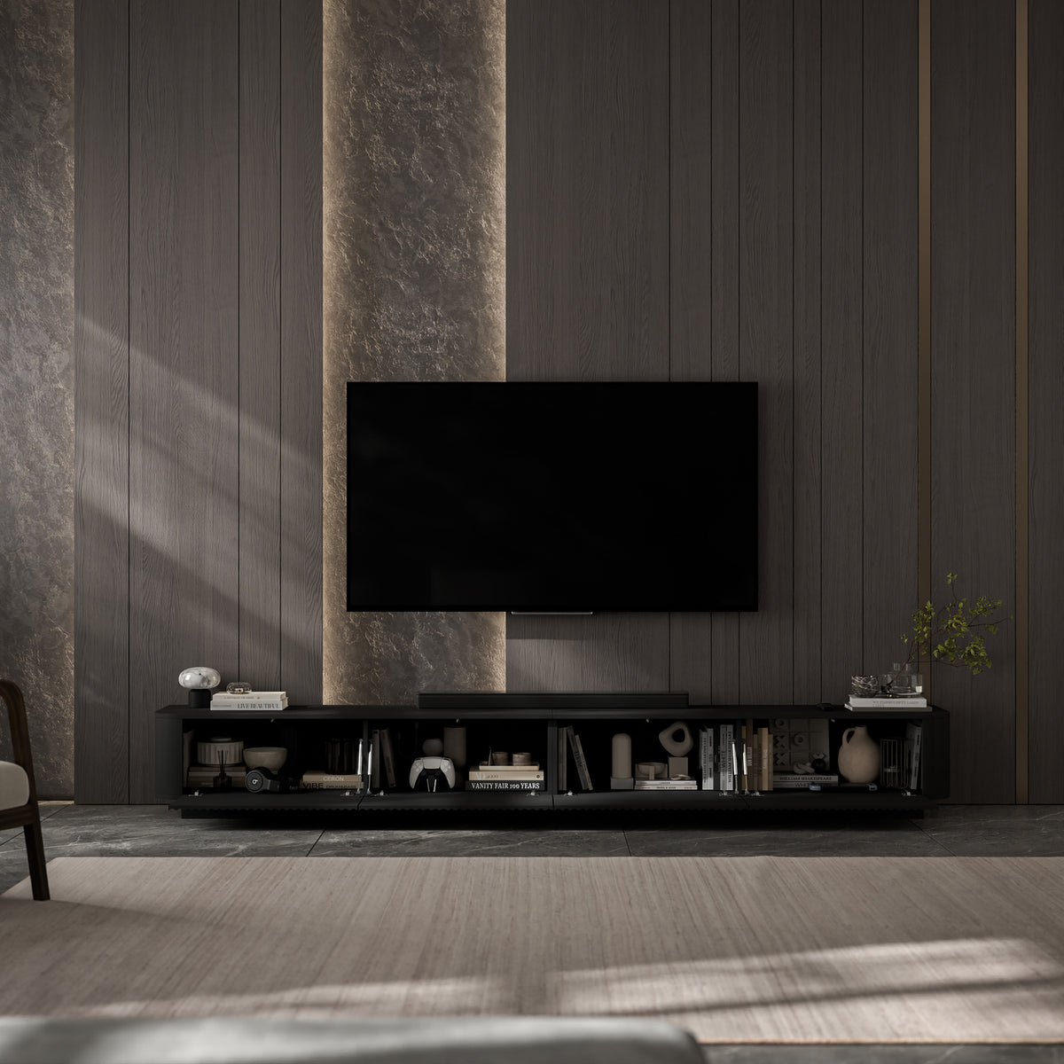Aurora Rouded Corners Flutted TV Unit 280cm Glamour Style with Plinth Stand - Black