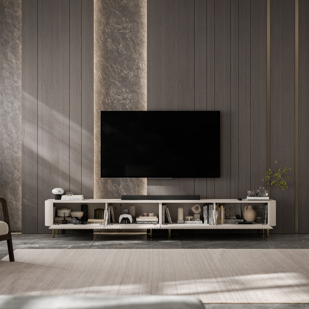 Aurora Rouded Corners Flutted TV Unit 280cm Glamour Style with Frame Legs - Cashmere / Gold Frame