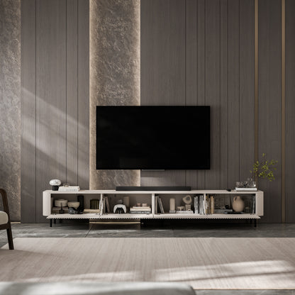 Aurora Rouded Corners Flutted TV Unit 280cm Glamour Style with Frame Legs - Cashmere / Black Frame