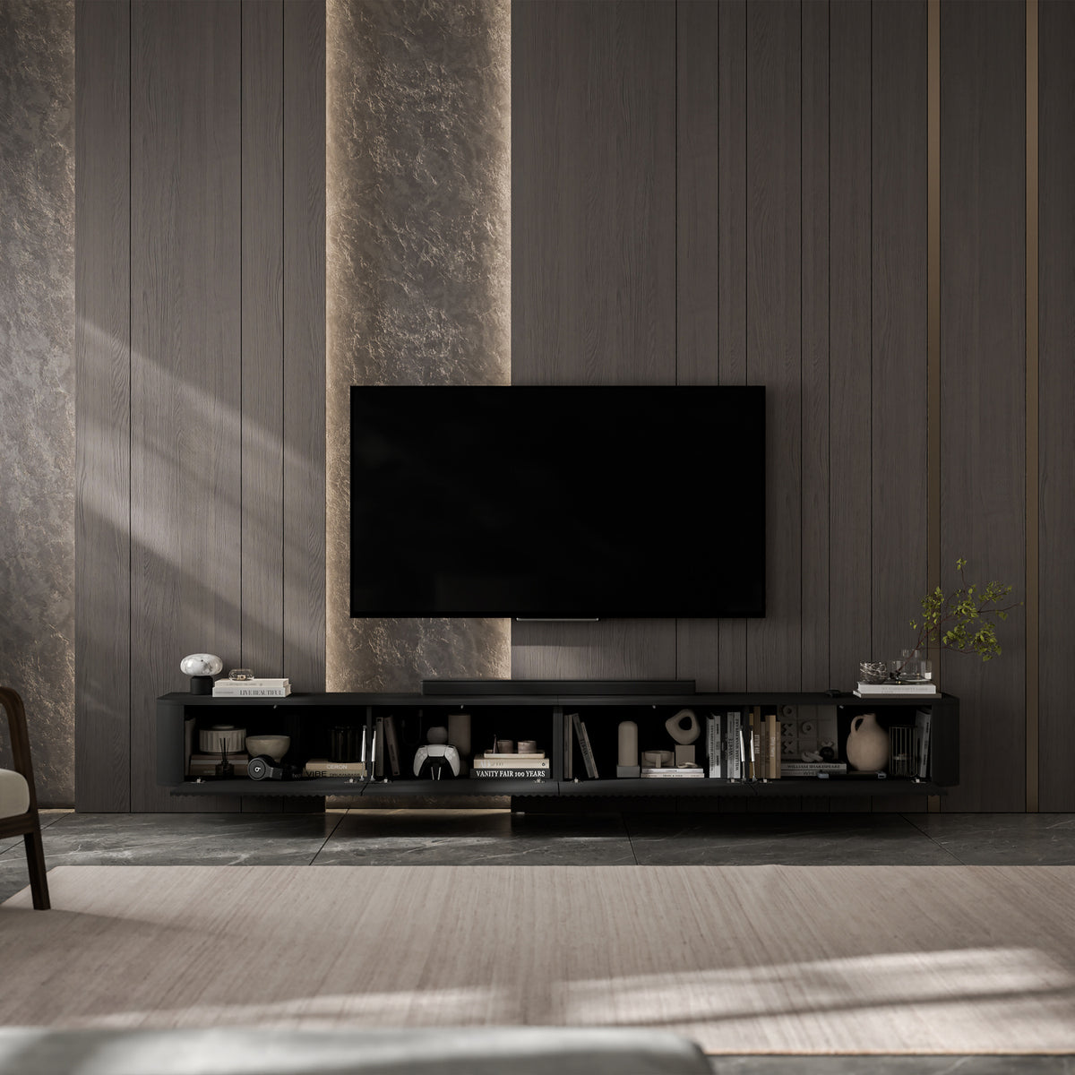 Aurora Rouded Corners Wall Mounted Flutted TV Unit 280cm Glamour Style - Black