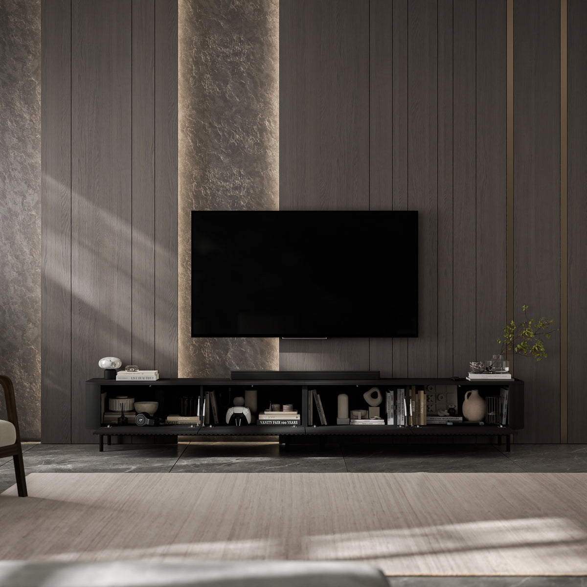 Aurora Rouded Corners Flutted TV Unit Glamour Style with Frame Legs - Black / Black Frame