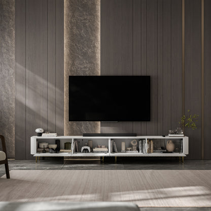Aurora Rouded Corners Flutted TV Unit 280cm Glamour Style with Frame Legs - White / Gold Frame