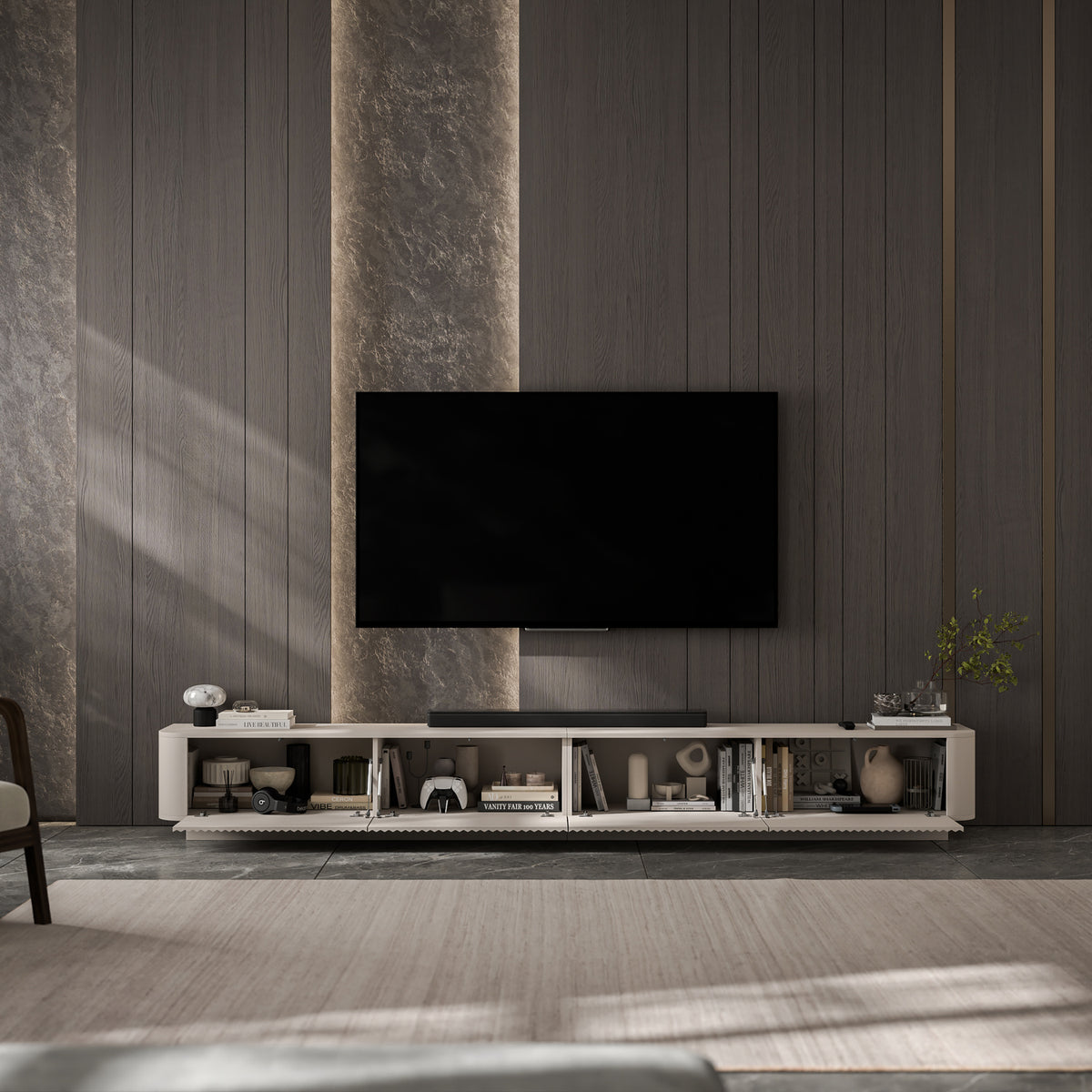 Aurora Rouded Corners Flutted TV Unit 280cm Glamour Style with Plinth Stand - Cashmere