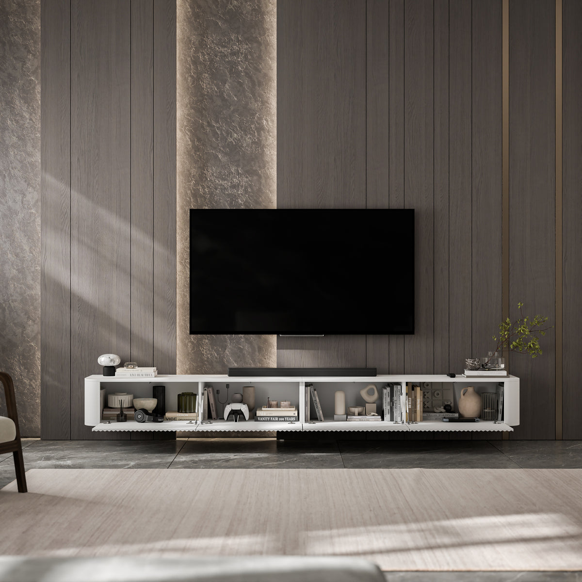 Aurora Rouded Corners Wall Mounted Flutted TV Unit 280cm Glamour Style - White