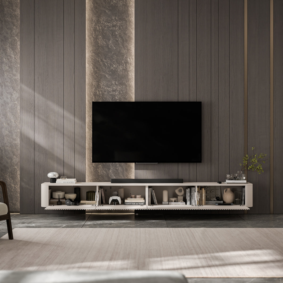 Aurora Rouded Corners Wall Mounted Flutted TV Unit 280cm Glamour Style - Cashmere