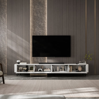Aurora Rouded Corners Flutted TV Unit 280cm Glamour Style with Frame Legs - White / Black Frame