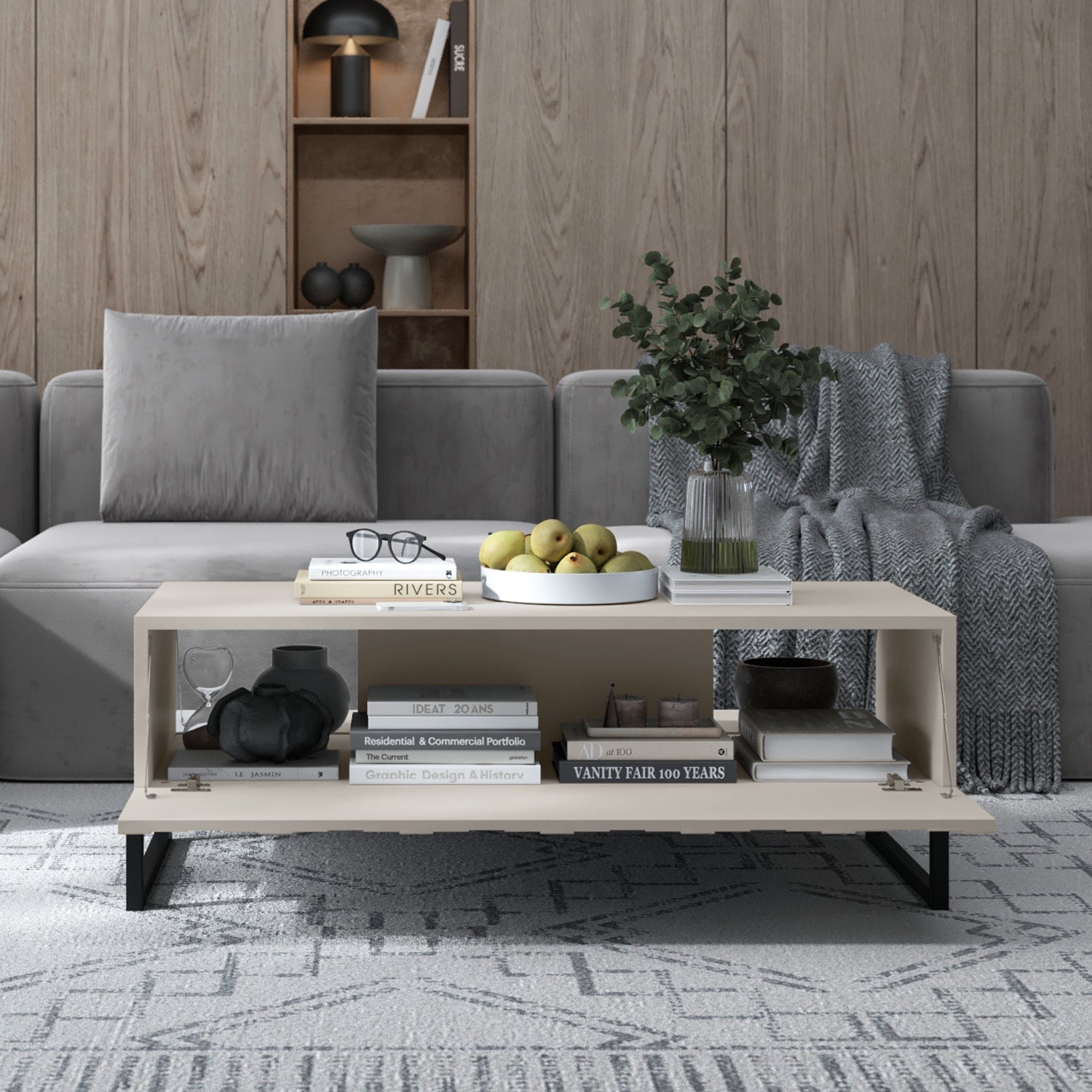 Elpis Glamour Coffee Table with Storage 110 cm - Cashmere Matt / Black Frame