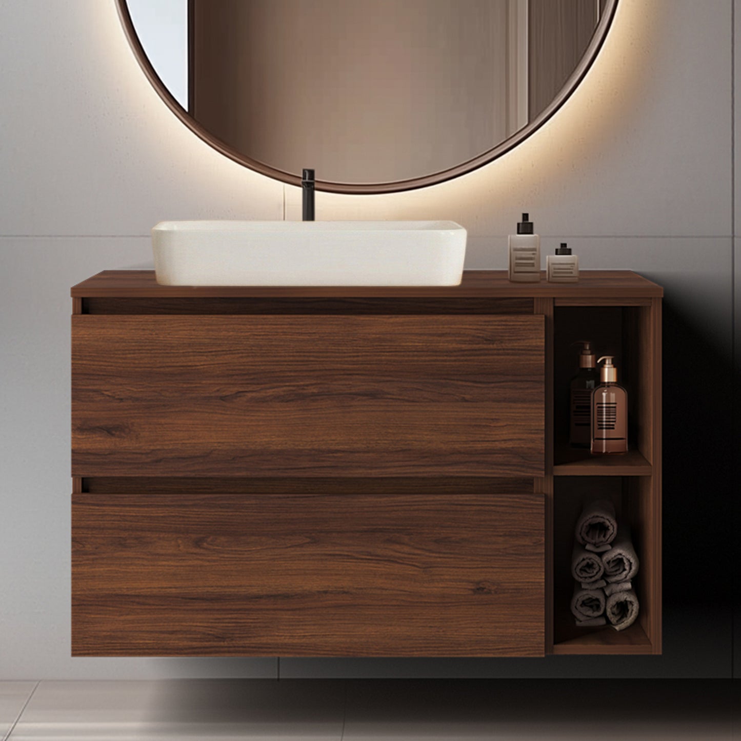 Simple Minimalist Bathroom Vanity Cabinet 100cm with Worktop Basin - Walnut