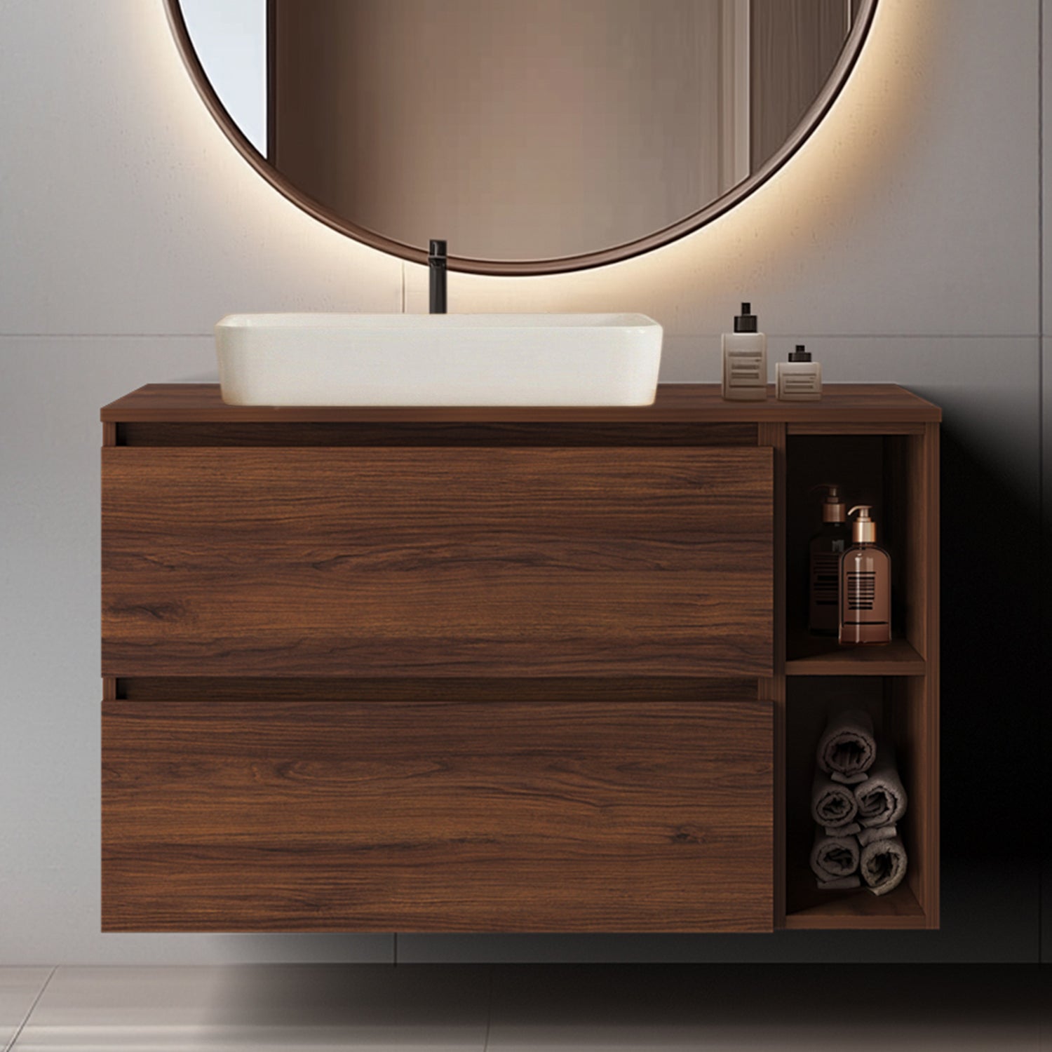 Simple Minimalist Bathroom Vanity Cabinet 100cm with Worktop Basin - Walnut