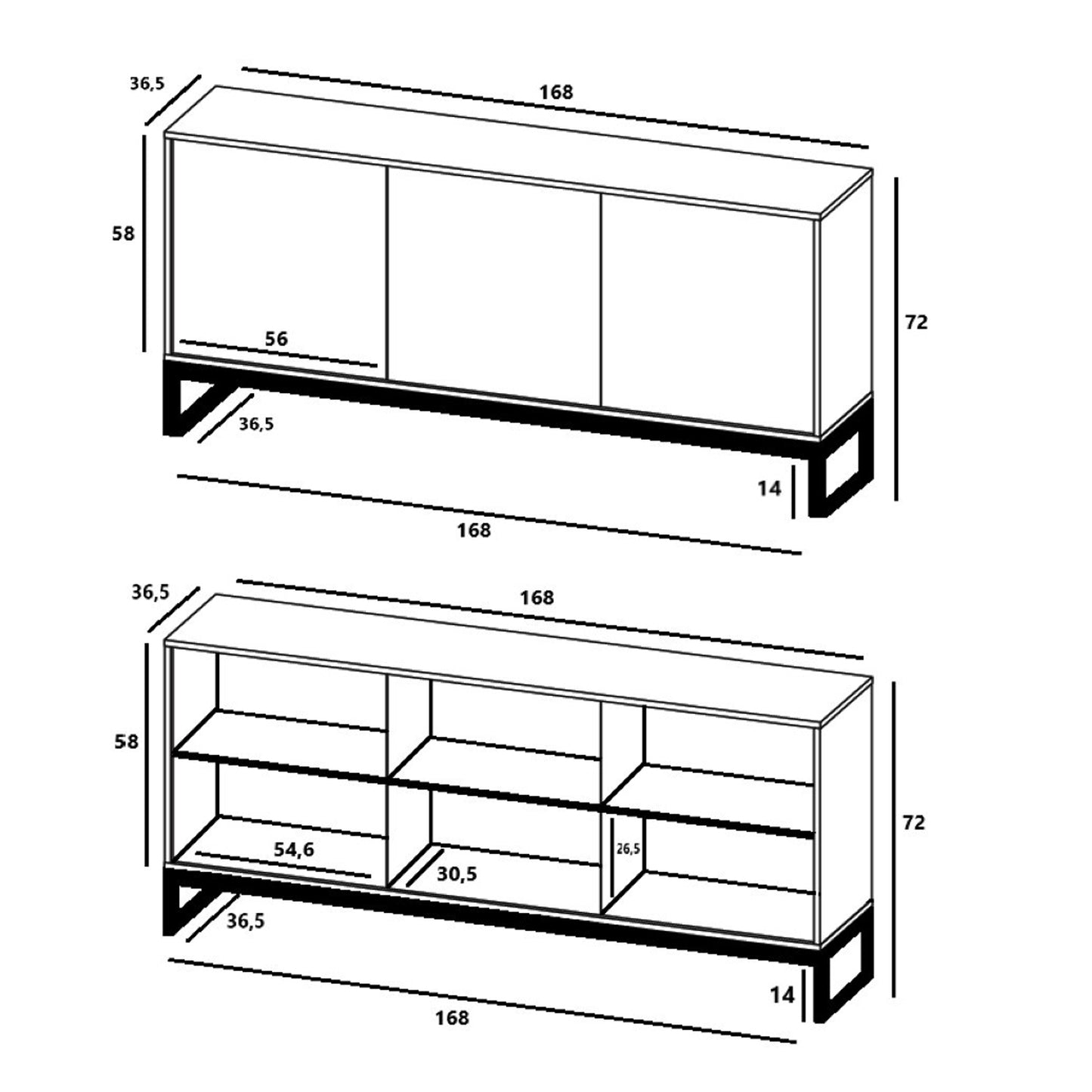 Elpis Glamour 3 Door Sideboard Push-to-Open Cabinet - Black Matt / Black Frame