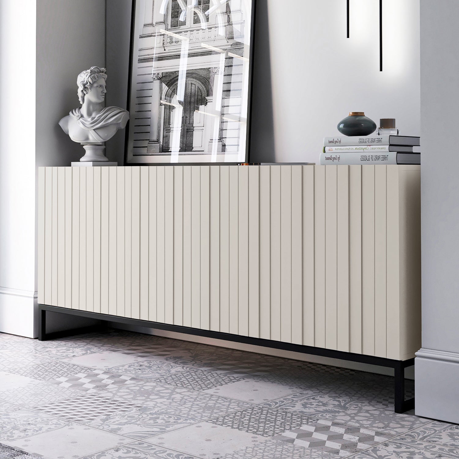Elpis Glamour 3 Door Sideboard Push-to-Open Cabinet - Cashmere Matt / Black Frame